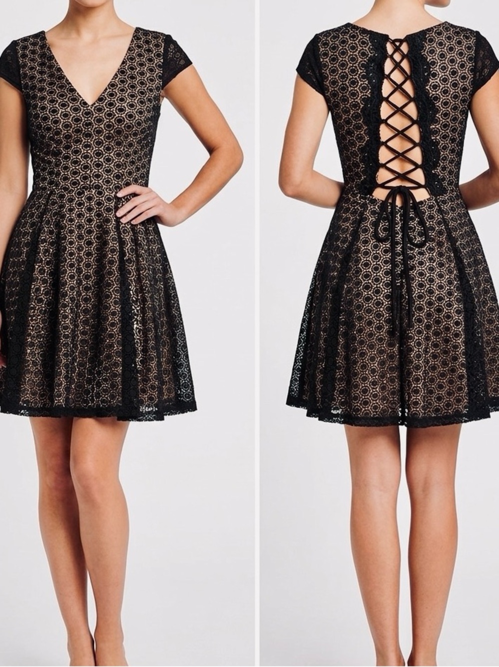 B DARLIN Black Lace V-Neck Fit & Flare Dress w Lace-up Back & Nude Underlay